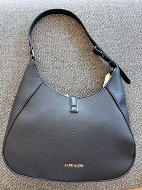 Anne Klein Black Pebbled Shoulder Hobo with Gold Logo